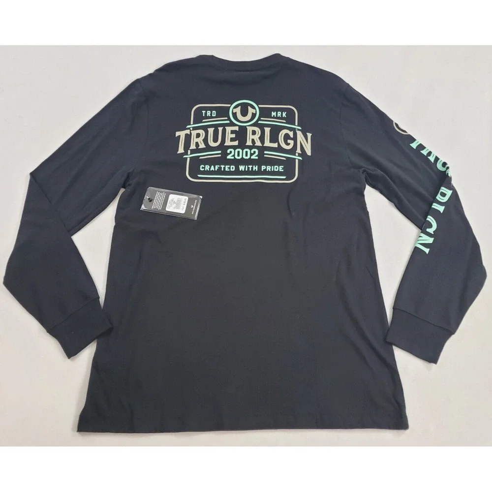 True Religion Mens T-Shirt Flock CWP02 106829 Jet Black Cotton Long Sleeve M